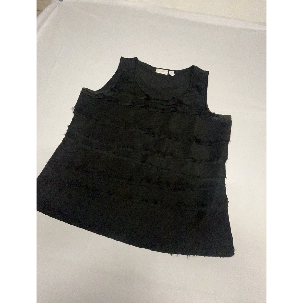 Chicos Black Shiny Satin Layered‎ Tiered Sleeveless Dressy Tank Top Sz 3. XL